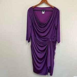 Tadashi Shoji Draped Dress Womens 2X Purple Cowl Neck 3/4 Sleeves Flattering